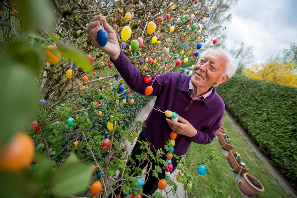 Rentner Ostereier München — © Walter Aumüller hängt Ostereier auf. Foto: Alexander Heinl