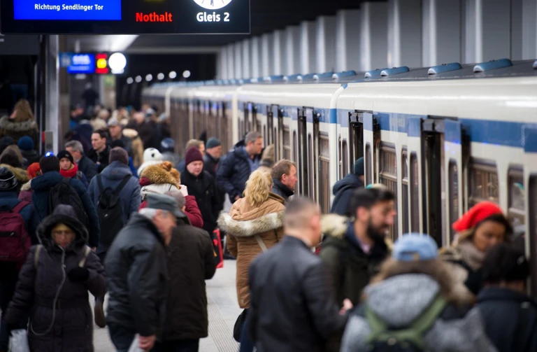 ÖPNV, Nahverkehr, öffentlicher Nahverkehr — © Menschen steigen auf einem Bahnsteig in München in eine U-Bahn. Foto: Alexander Heinl/Archiv