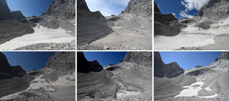 Die Bildreihe zeigt den massiven Verlust des Watzmanngletschers seit 2021 .  — © Angelika Warmuth/dpa