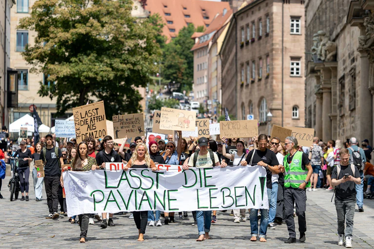 Tierschützerinnen und Tierschützer protestierten im vergangenen Jahr wiederholt gegen die Pläne des Tiergartens, einzelne Paviane aus Platzmangel zu töten. (Archivbild) — © Daniel Karmann/dpa
