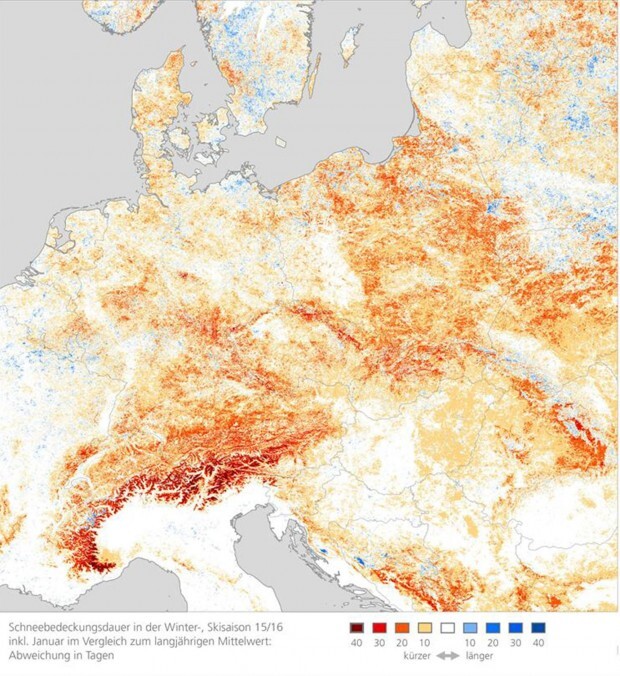 Schneearmut, Satellitenbilder, Winter, Eine Satellitenbildanalyse des Deutschen Zentrums für Luft- und Raumfahrt. Foto: DLR/dpa